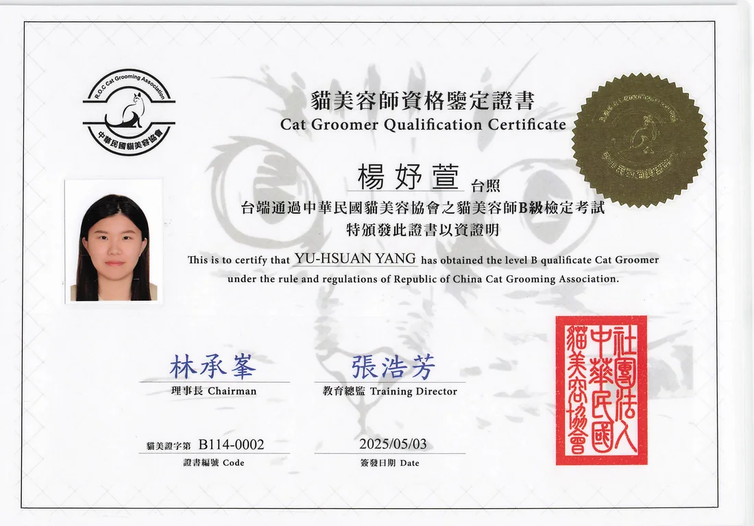 中華民國貓美容協會 貓美容師 B 級檢定證書