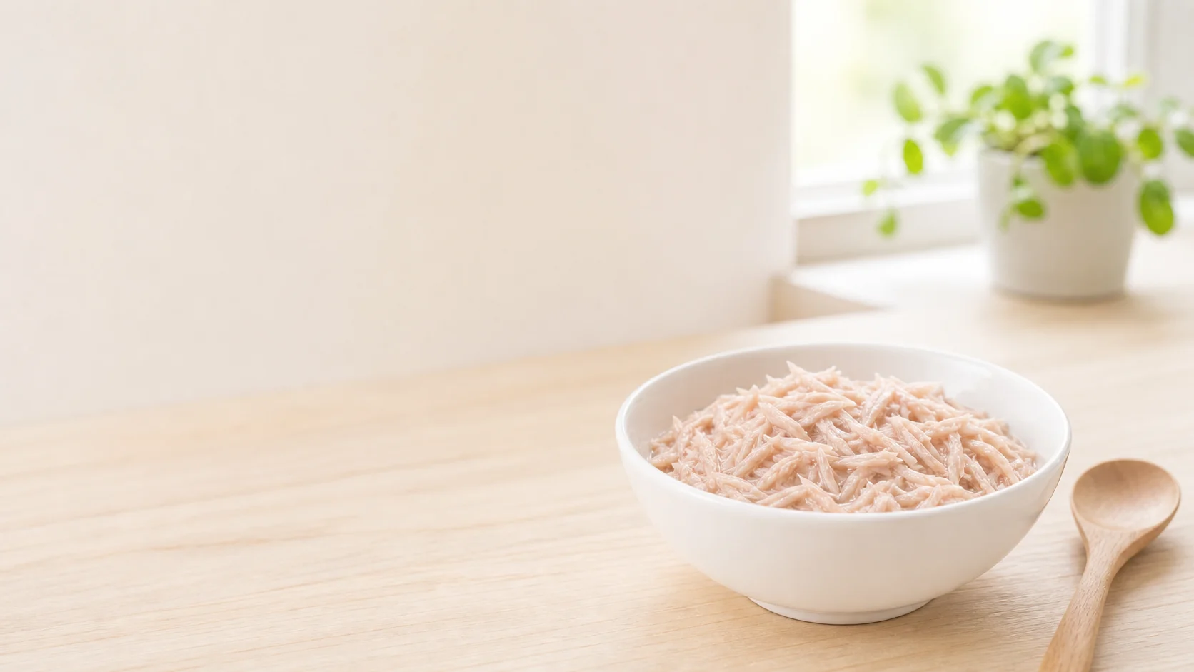 A white bowl and a wooden spoon on a bright kitchen counter, a plant by the window.