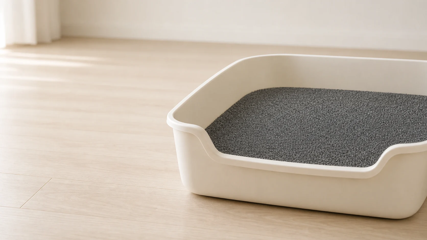 A cream litter tray from the side, filled with an even layer of dark grey litter.