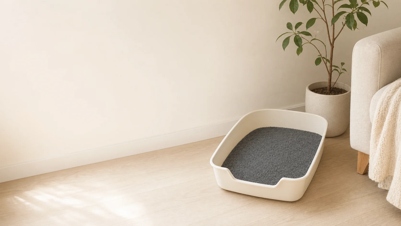 A cream litter tray in the corner of a bright living room, beside a plant and a fabric sofa.