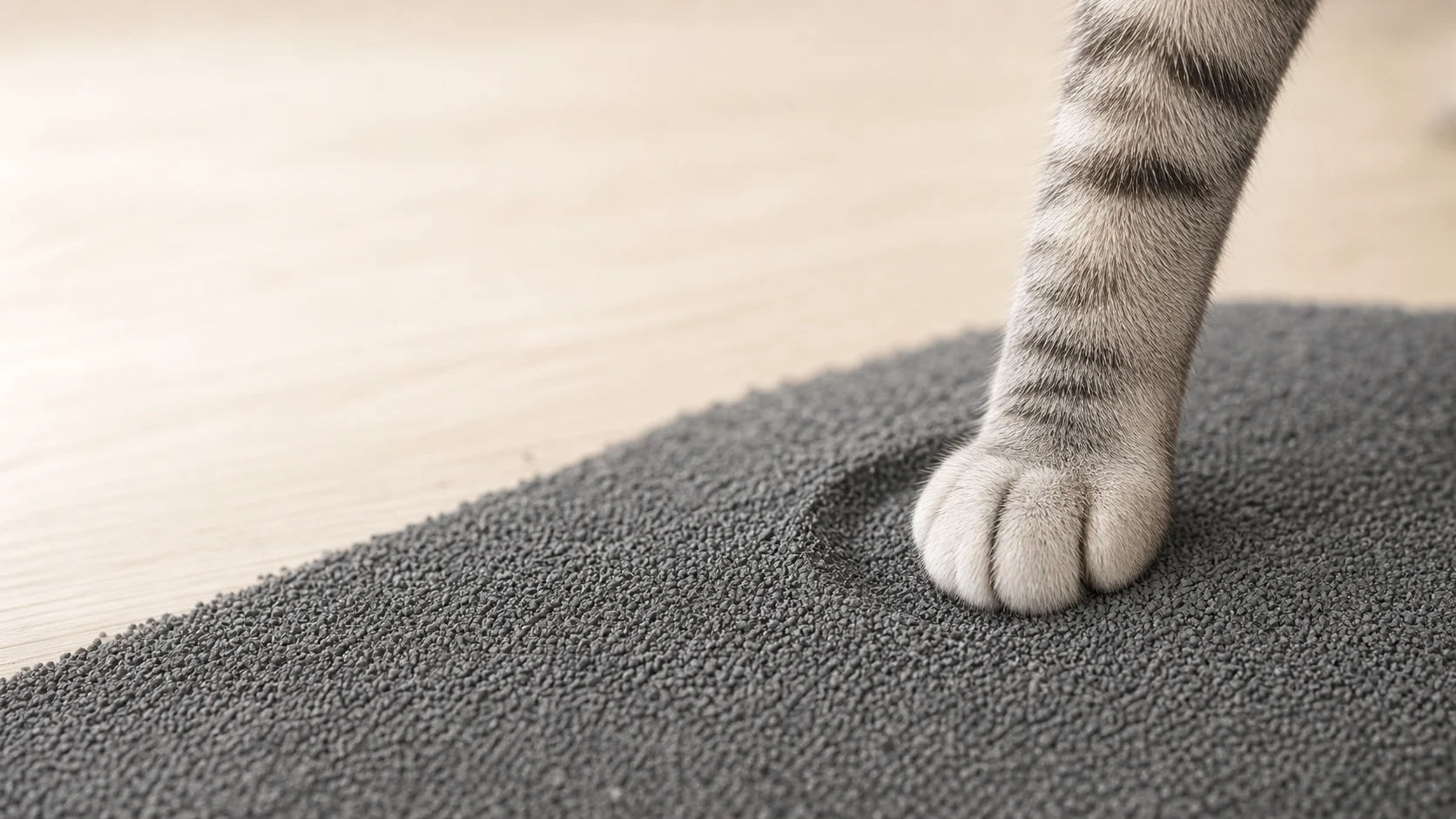 A cat’s front paw pressing into fine dark grey litter, leaving a shallow print.