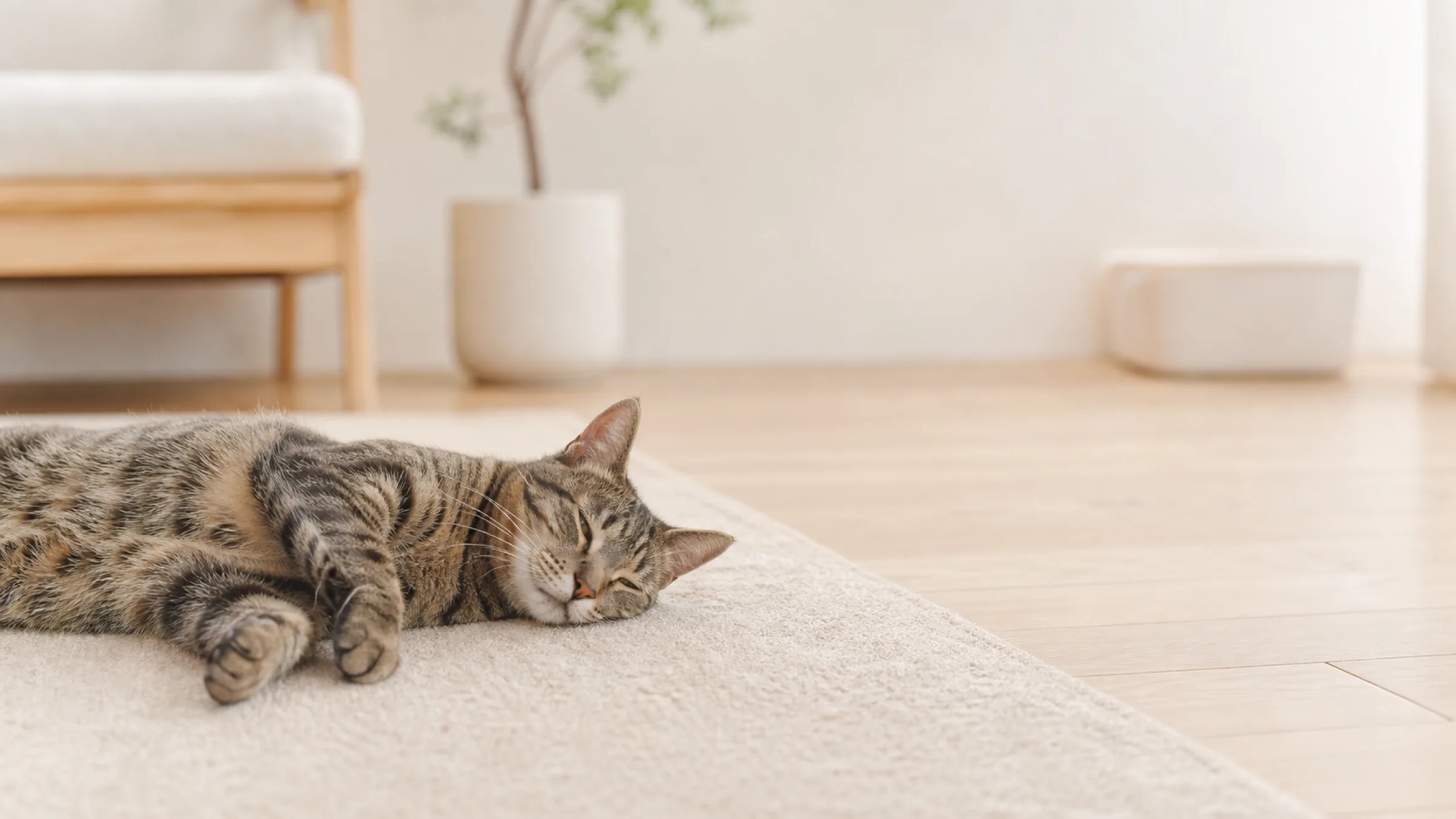 A tabby cat resting on its side on a beige rug in a bright living room.