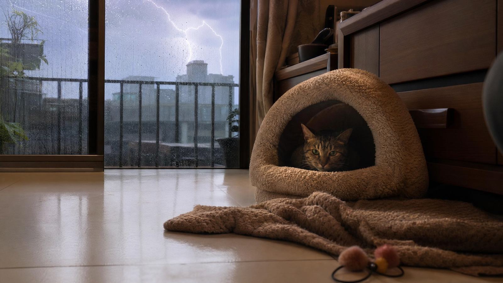 打雷下雨貓咪很緊張怎麼辦?先準備躲藏空間、聲音減敏和安撫用品